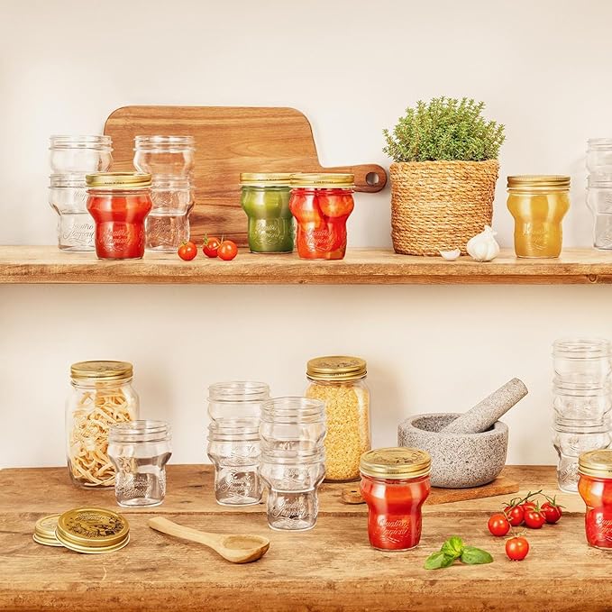 Bormioli Rocco Quattro Stagioni Glass Jars (Set of 12) - 9.25 Oz Stackable Storage Jars with Wide Mouth & Aluminum Lids - Glass Containers for Preserving, Serving, Organizing - Made in Italy