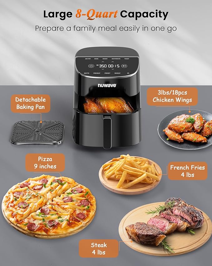 Nuwave Brio Plus Air Fryer 8 Qt, New & Improved, PFAS-FREE, 7 Digital One-Touch Cook Functions that AIR FRY, BAKE, ROAST, DEHYDRATE, TOAST, REHEAT, PREHEAT, 150 Presets, 50°F~400°F, 700/1500/1800W