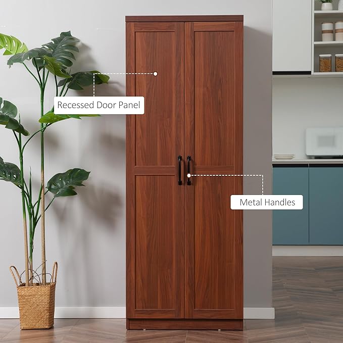 HOMCOM 63" 2-Door Kitchen Pantry, Freestanding Storage Cabinet with 5-Tier Shelving and 2 Adjustable Shelves for Dining Room, Brown