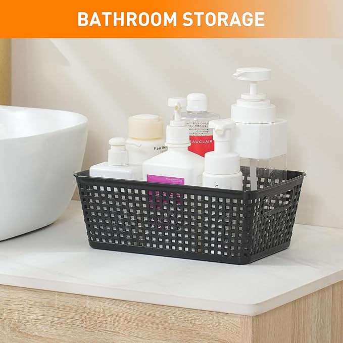 Plastic Storage Baskets With Lid, Storage Bins for Organizing, Stackable Decorative Containers for Shelves Drawers Desktop Closet Playroom Classroom Office,10 Pack-Black