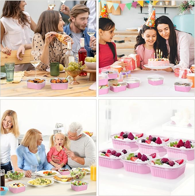 FORBFAN 150 Pcs Square Mini Cake Pans with Lids, 10 oz Individual Mini Loaf Pans, 4.4x4.4 Pink Aluminum Foil Cupcake Baking Cups