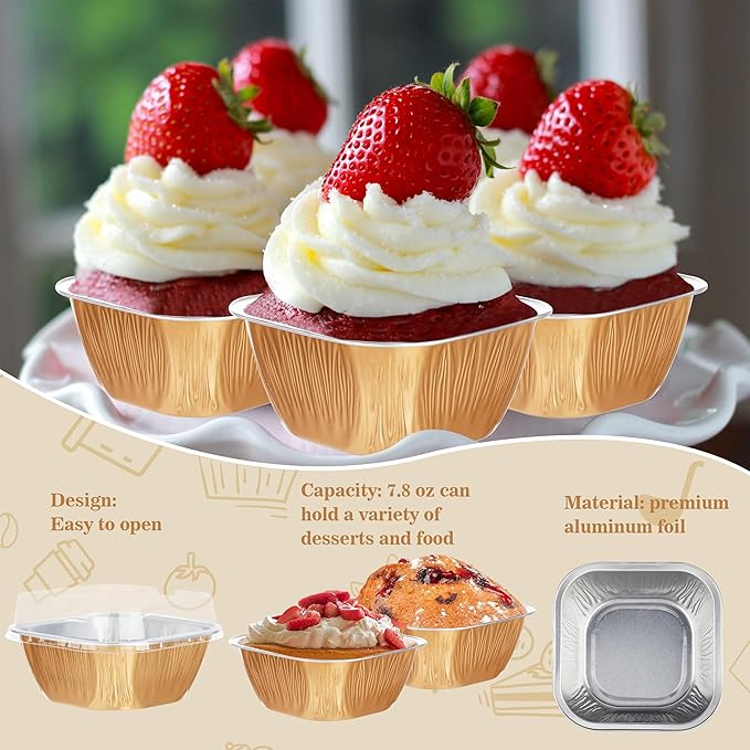 Disposable Cake Pans, BAKINGPAK 30PCS 7.8OZ Mini Cake Pans with Lids And Spoons Cupcake Liners with Lids Mini Disposable Baking Cups for Wedding Party, Rose Gold