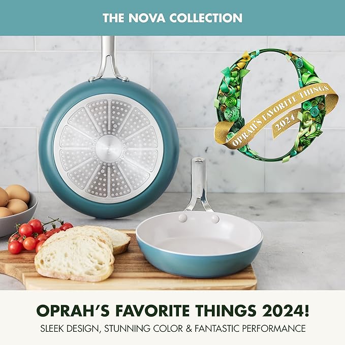 GreenPan Nova 8” & 10” 2 Piece Frying Pan Skillet Set, Oprah’s Favorite Things 2024, Induction Suitable PFAS-Free Nontoxic Ceramic Nonstick, Dishwasher & Oven Safe, Quick Even Heating, Deep Teal
