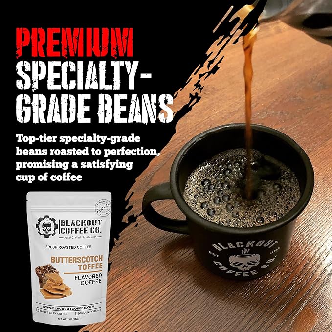 Blackout Coffee Butterscotch Toffee Flavored Ground Coffee – Medium Roast, Smooth Taste, Guilt-Free Indulgence – Freshly Roasted 12oz Pouch, American Made