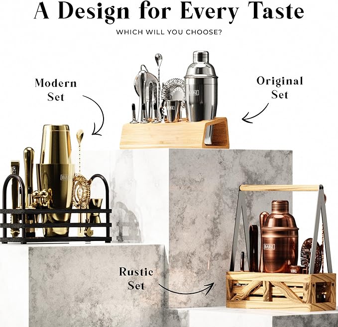 BARE BARREL® Mixology Bartender Kit Bar Set | 14-Piece Cocktail Shaker Set | Martini Barware Mixing Tools for Home Bartending | Incl. 35 Recipe Cards | Gift Set (24oz Cobbler Shaker, Silver/Black)