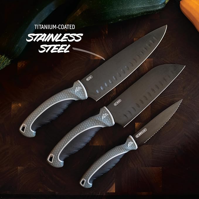 OUTDOOR EDGE ErgoMax Chef Selection Knife Set - Includes Chef, Santoku & Kitchen Serrated Utility Knife, Great for Cooking, Meal Prep & Home Kitchens