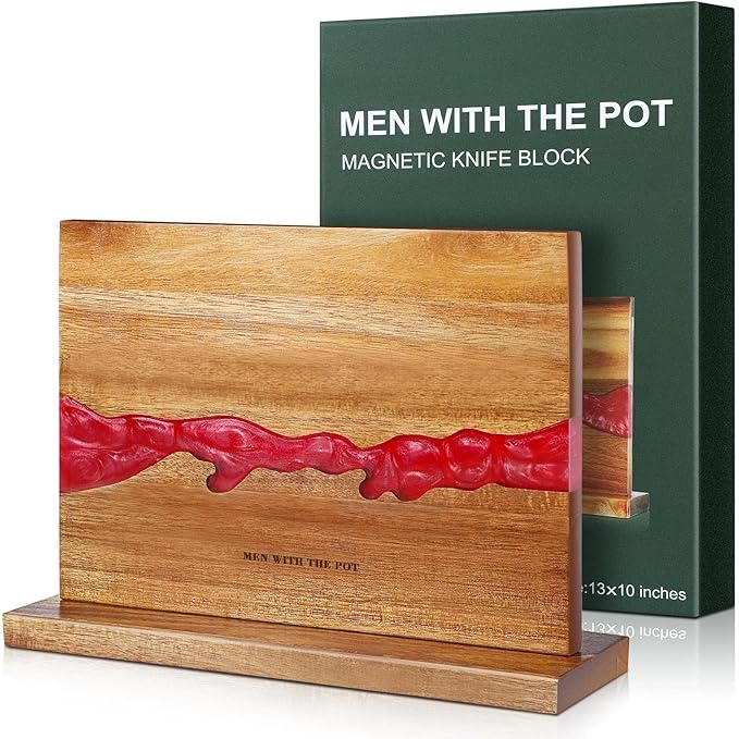 MEN WITH THE POT Magnetic Knife Holder 13 x 10 Inches, Multifunctional Double Sided Magnetic Knife Block Rack, Wood & Red Epoxy Universal Magnetic Knife Storage Stand for Kitchen Counter