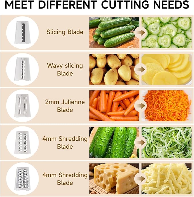 Rotary Cheese Grater Hand Crank, 5 in 1 Mandoline Vegetable Slicer - 5 Sets of Blades,Strong Suction Base&Easy to Clean - Kitchen Cheese Grater Shredder with Handle for Fruit,Vegetable,Nuts
