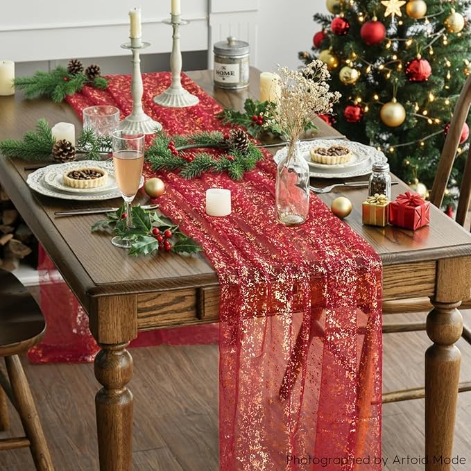 Artoid Mode Red Gold Gauze Table Runner 120 Inch 10FT, Glitter Metallic Foil Sheer Dining Wedding Anniversary Holiday Table Decor for Home Party