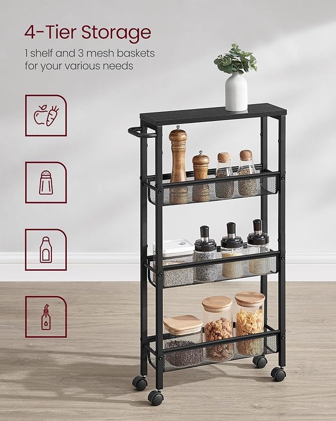 VASAGLE Slim Rolling Cart, 4-Tier Storage Cart, Narrow Cart with Handle, 5.1 Inches Deep, Metal Frame, for Kitchen, Dining Room, Living Room, Home Office, Ebony Black and Classic Black ULRC032B04