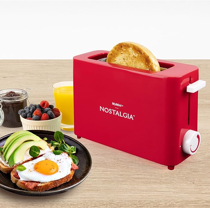 Nostalgia MyMini Single Slice Toaster | 1.25" Wide Slot, Portion Control, Compact Design, Adjustable Temperature, Cancel, Defrost, and Bagel Button | Removable Crumb Tray | Red