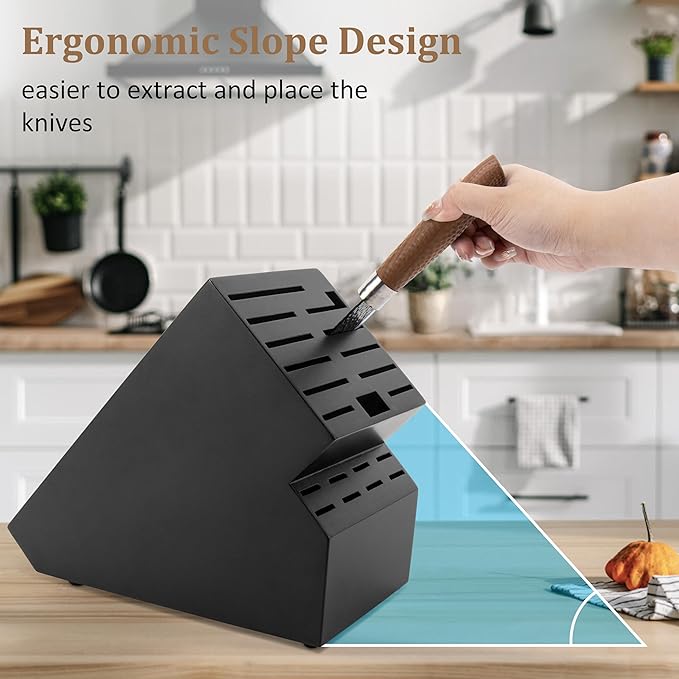 20 Slot Knife Block Storage without Knives,Acacia Wood Universal Knife Holder for Kitchen Countertop,Large Butcher Block Organizer,Easy Kitchen Knife Storage (Black)