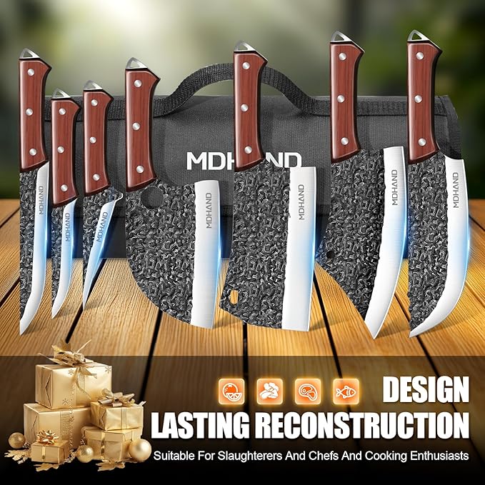MDHAND 14PCS Butcher Knife Set, Hand Forged Butcher Chef Knife Set with Roll Bag, Sharp Meat Cleaver Knife & Bone Chopper Knives & Fillet Knives for Home & Camping & BBQ Gift for Men
