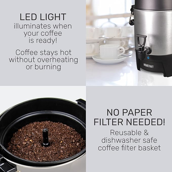 Homecraft 45-Cup Coffee & Hot Beverage Urn - Quick Brewing, Drip-Free Spout, Water Level Markings, Reusable Filter, & Carry Handles - Aluminum