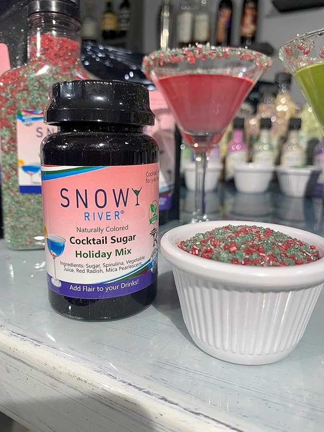 Snowy River Holiday Cocktail Sugar - Naturally Colored Red, White & Green Festive Cocktail Rimmer, Beverage Rimmer, Margaritas, Kosher (Holiday, 3oz Gift Bottle)