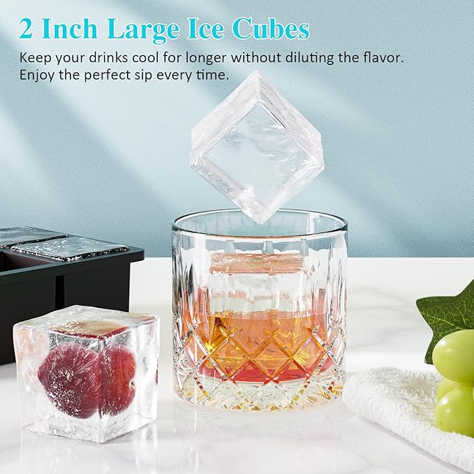 Large Ice Cube Tray for Whiskey: 2inch Big Silicone Ice Trays with Lid for Whisky - 3Pack Old Fashioned Ice Cube Trays for Cocktail - Huge Square Cubed Bourbon Ice Cube Maker