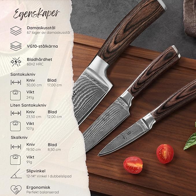 Wakoli EDIB 3-Piece Damascus Knife Set with Magnetic Knife Block | Professional Chef Knives with 3.4" - 6.7" Blades, 67-Layer Damascus Steel, VG10 Core, Pakkawood Handles | Premium Kitchen Knife Set
