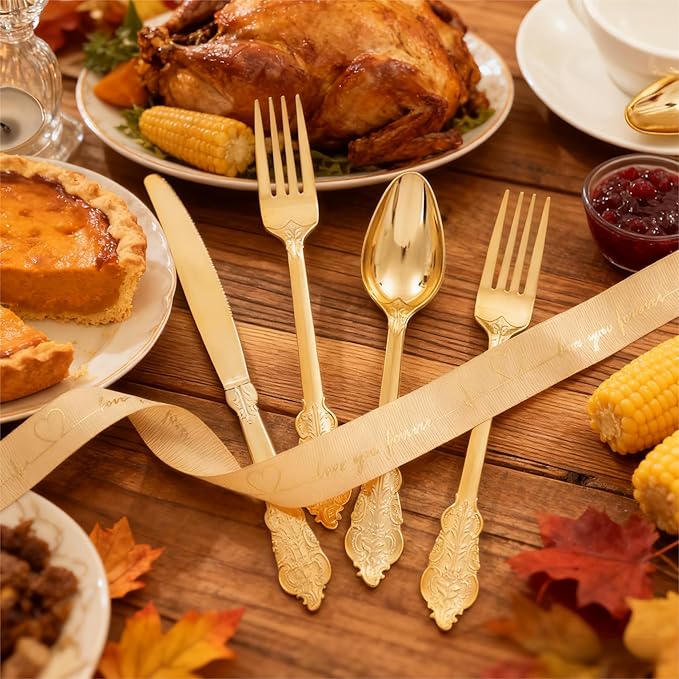 WDF 200 Pieces Gold Plastic Silverware Disposable - 50 Guests Heavy Duty Thanksgiving Gold Plastic Cutlery - Disposable Utensils Includes 100 Forks, 50 Spoons, 50 Knives Perfect for Party/Weeding