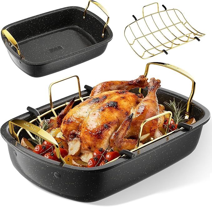 Roasting Pan, 17 Inch x 13 Inch Roaster with Removable Rack, Nonstick Roaster Pan for Roasting Turkey, Meat & Vegetables (Gold)
