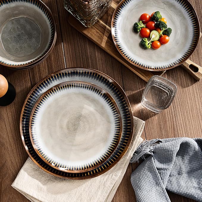 Melamine Dinnerware Set, 12 Pcs Dishware Sets, Plate and Bowl Set Service for 4, Lightweight and Unbreakable Dinnerware Sets for Camping, Great for RV, Dishwasher Safe, Sahara Beige and Blue