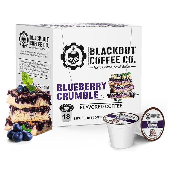 Blackout Coffee Blueberry Crumble Flavored Coffee Pods – Medium Roast, Smooth Taste, Guilt-Free Indulgence – Freshly Roasted 18 Count, American Made