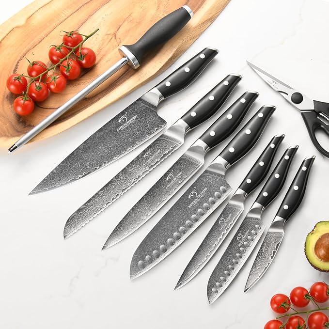 Damascus Knife Set with Block for Kitchen, VG10 Steel Chef Knife Set with Triple-Rivet Handles, Knife Sharpener, Natural Ash Wooden Knife Block, 10PCS