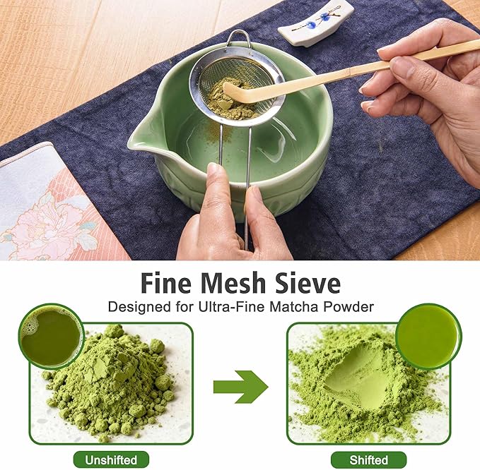Matcha Whisk Bowl Set, 7PCS All-in-One Japanese Tea Set Includes Matcha Bowl with Spout, Bamboo Whisk (Chasen) with Stand, Scoop, Sifter, Complete Kit for Ceremony, Gift for Matcha Tea Lovers（Green)