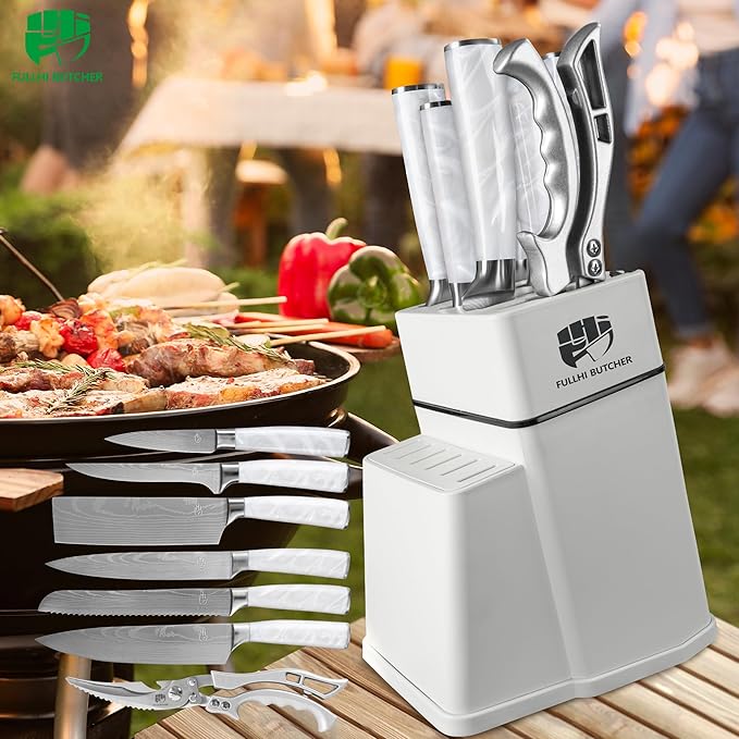 FULLHI 8pcs block Knife Set,chef's Knves Set with Block and Sharpener, Kitchen Knife Set,Multi-colour Handle, Gifts for Men Women