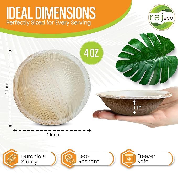 Raj Palm Leaf Bulk Bowls [200-Pack] 4" Round Bowls (16 CASES - 3200 PACK) like Bamboo bowls Disposable, Strong, Decorative Compostable Tableware for weddings, Camping, Outdoor