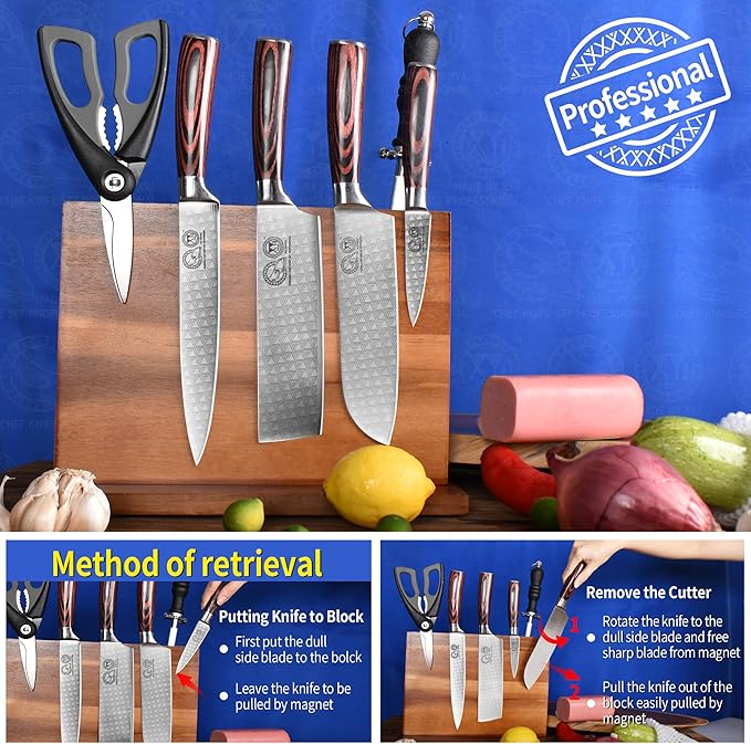 XYJ Extra Large Magnetic Knife Block Acacia Wood Knife Set Holder Stand With Stronge Magnetic Strip Kitchen Knives Storage Rack Organizer Tools No Drilling