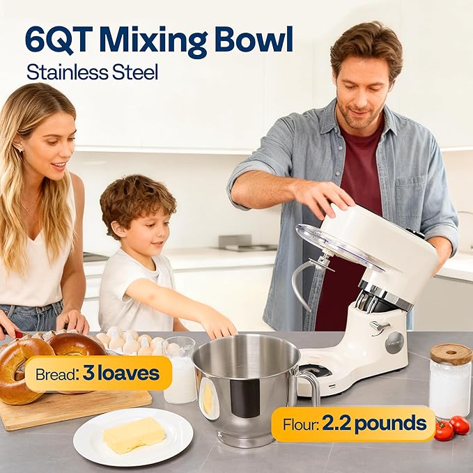VIVOHOME Stand Mixer with Fermentation, One-Touch Presets Electric Dough Mixer with 6 Qt Bowl, Kitchen Standing Mixer for Baking, Cake with Flex Edge Beater, Bread Hook, Whisk, White