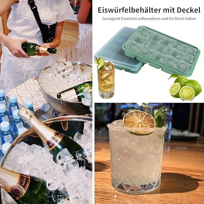 Ice Cube Trays Set of 3, Easy Release 15 Flexible Silicone Ice Cube Molds with Removable Lid Reusable Freezer Ice Trays Stackable for Whiskey, Baby Food, Green