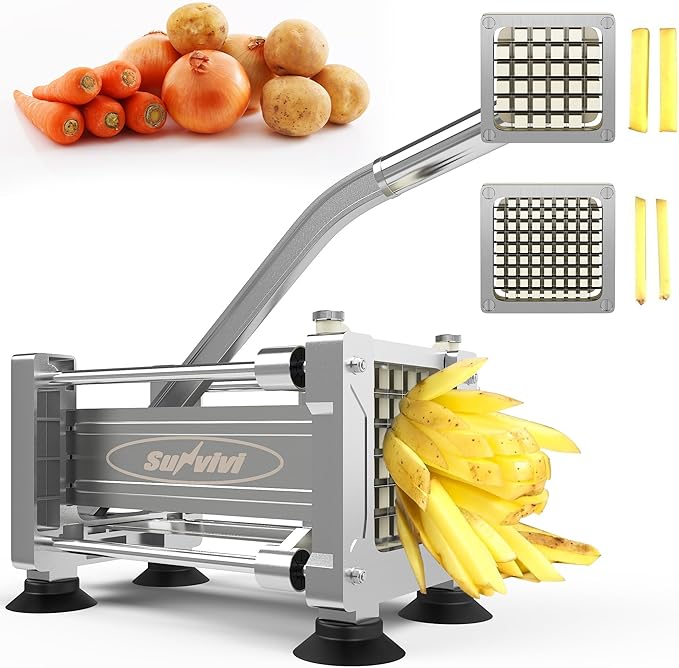 Sunvivi French Fry Cutter Stainless Steel Potato Slicer : with 2 Replaceable blades (1/2 & 3/8 Inch), Professional Fries Cutter for Potatoes, Carrots, Cucumber, Onion, Yam