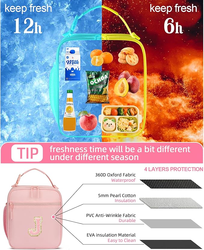 Initial Insulated Lunch Bag for Girls Kids, Back to School Gift, Reusable Leak-proof Lunch Box with Adjustable Strap for School Daycare Travel Picnic (Pink,J)
