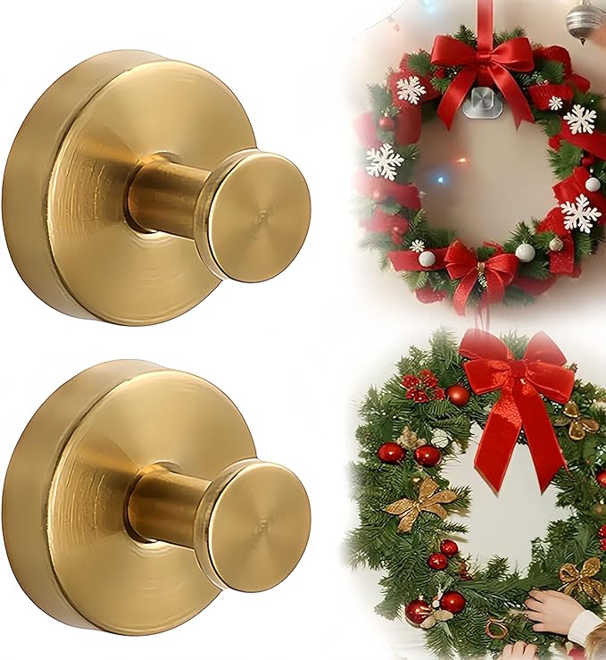 Suction Cup Hooks for Wreaths on Glass, 2026 Upgrade No Drill Towel Hooks Stainless Steel Waterproof Suction Cup Hooks, Wreath Hanger for Front Door for Kitchen, Bedroom (2, Gold)