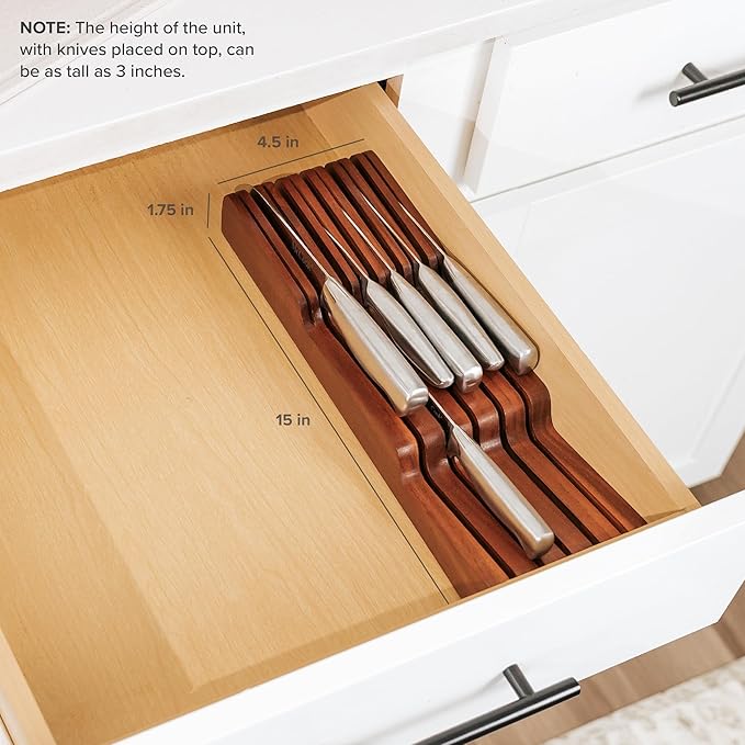 KitchenEdge Acacia Wood Kitchen Knife Block Holder Organizer - Holds 5 Long + 6 Short Knives (Not Included), Fits Most Knife Sizes, Rubber Feet, Premium Food-Safe Finish, In-Drawer Design