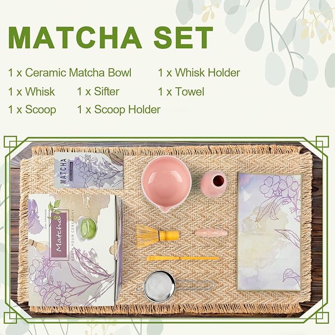Matcha Set–7-Piece Set Including Matcha Bowl with Spout, Whisk, Chasen Holder, Sifter, Bamboo Scoop with Stand, wood spoon(Cherry Blossom Pink)–Perfect for Matcha Lovers&Tea Ceremonies