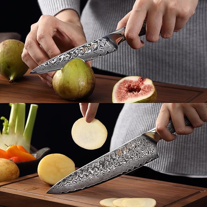 Wakoli Damascus Knife Block Set – 5-Piece Professional Chef Knife Collection with Magnetic Block | Genuine 67-Layer Damascus Steel Blades with VG10 Core | Ergonomic G10 Handles (Noir Blanc)