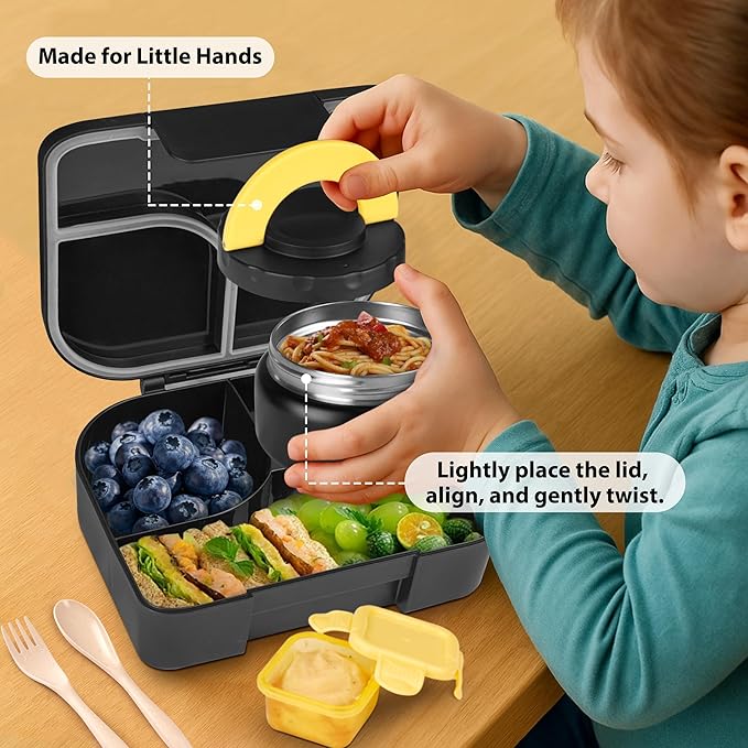 TinyPalsa Bento Box for Kids with 10oz Thermos, Durable Lunch Box with Leak Proof Insulated Food Jar, 3 Compartments with Portable Handle for Ages 3+, Dishwasher Safe, Ideal for School, Travel (Black)