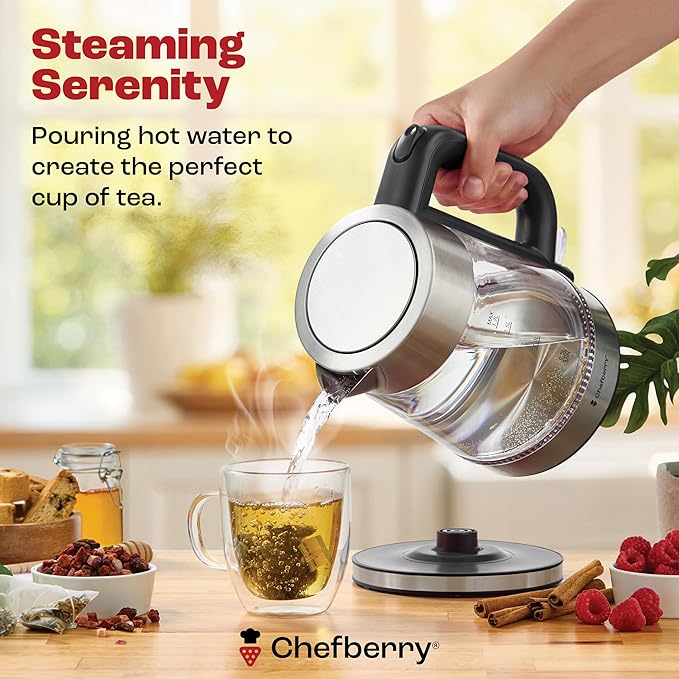 Electric Kettle for Boiling Hot Tea & Water | 1.8L Stainless Steel Borosilicate Glass Boiler With No Plastic, Automatic Shutoff, BPA Free, Fast Heating Technology