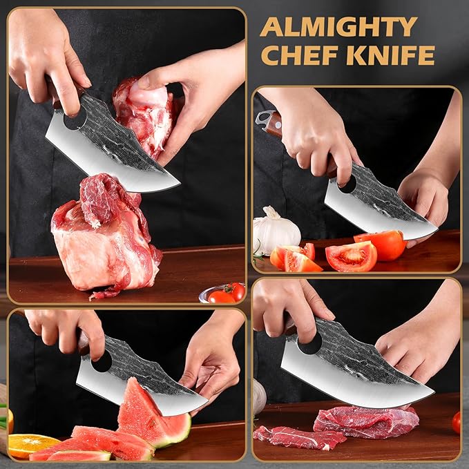 Chef Knife Kitchen Knives Japanese Butcher Knife Meat Cleaver, High Carbon Steel Hand Forged Full Tang Viking Knives with Sheath for Camping, Outdoor, BBQ, Home
