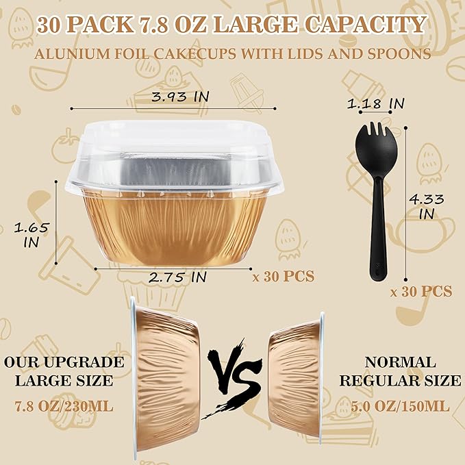 Disposable Cake Pans, BAKINGPAK 30PCS 7.8OZ Mini Cake Pans with Lids And Spoons Cupcake Liners with Lids Mini Disposable Baking Cups for Wedding Party, Rose Gold