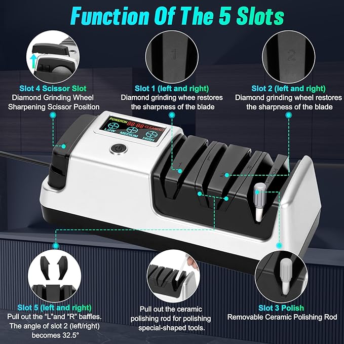 Upgrade 5 in 1 Electric Knife Sharpener with LCD Screen, 3 Rotational Speed Adjustable, 100% Diamond Abrasives, knife sharpener for Straight, Serrated, Meat Cleaver, Ceramic Knives & Scissors, Sliver