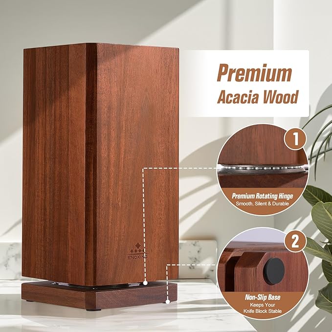 360° Rotating Magnetic Knife Block without Knivies, Acacia Wood Knife Holder with Removable Bristles, Large Capacity Knife Storage Organizer for Kitchen Countertop