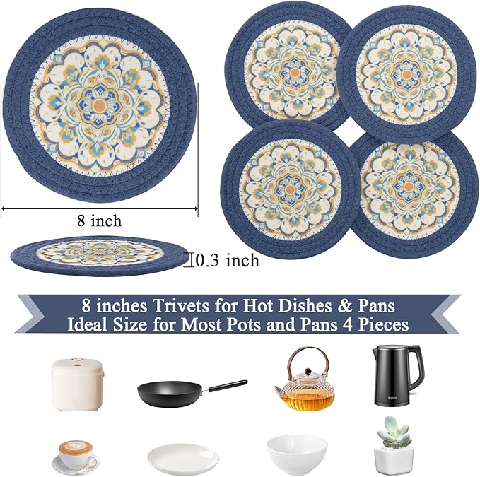 SHACOS 8 Inches Trivets for Hot Dishes, 4 Pieces Cotton and Felt Floral Pattern Trivet Mats for Kitchen, Hot Pads for Countertops and Table, Heat-Resistant Pot Holders for Hot Pots and Pans, Blue