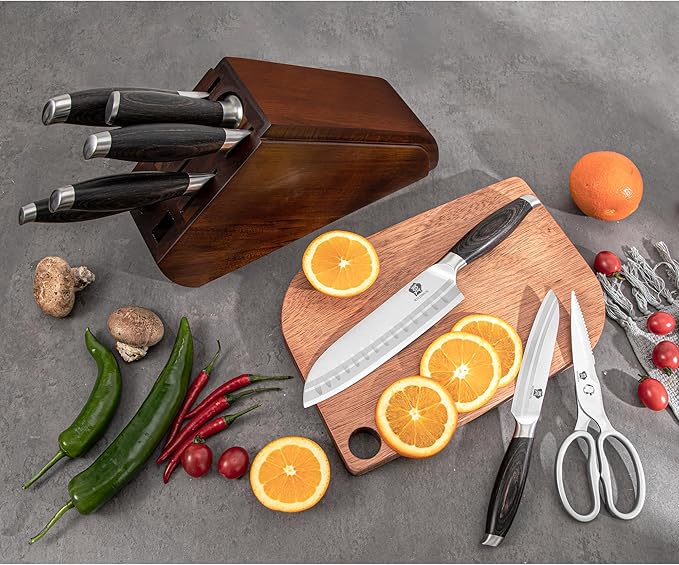 WILDMOK 9 Pcs Knife Block Set, Kitchen Knife Set with Block Wooden, German Stainless Steel Sharp Chef Knife Set with Bone Chopper