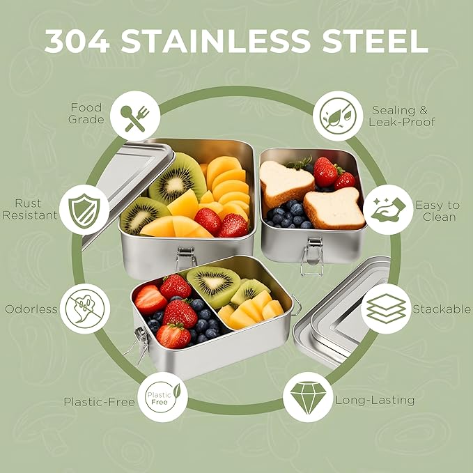 304 Stainless Steel Bento Box,3 Pack Stainless Steel Containers With Lids 2400/1400/850ml,Leak-Proof & Stackable Metal Lunch Box Food Storage Containers for Work Work,Picnic