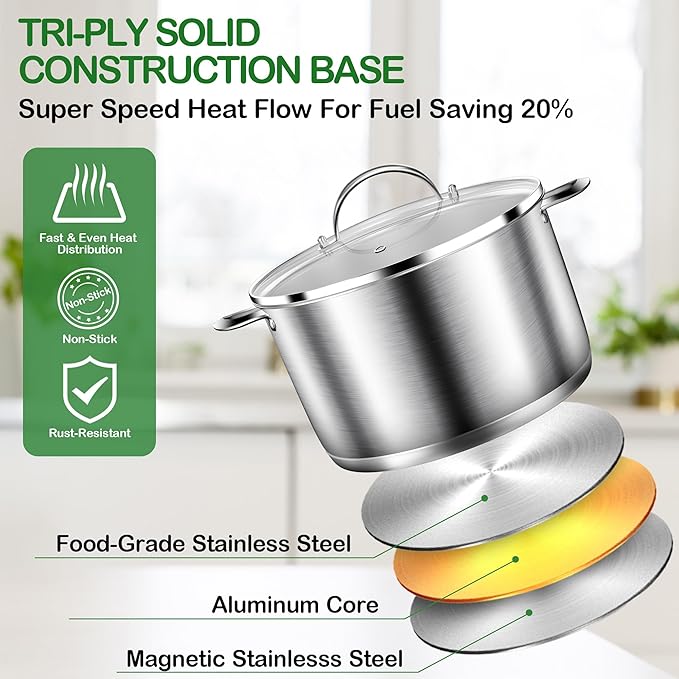 Cooking Pot, Stainless Steel Stock Pot, Soup Pot with Glass Lid, Induction Pots - 6.8 Quart