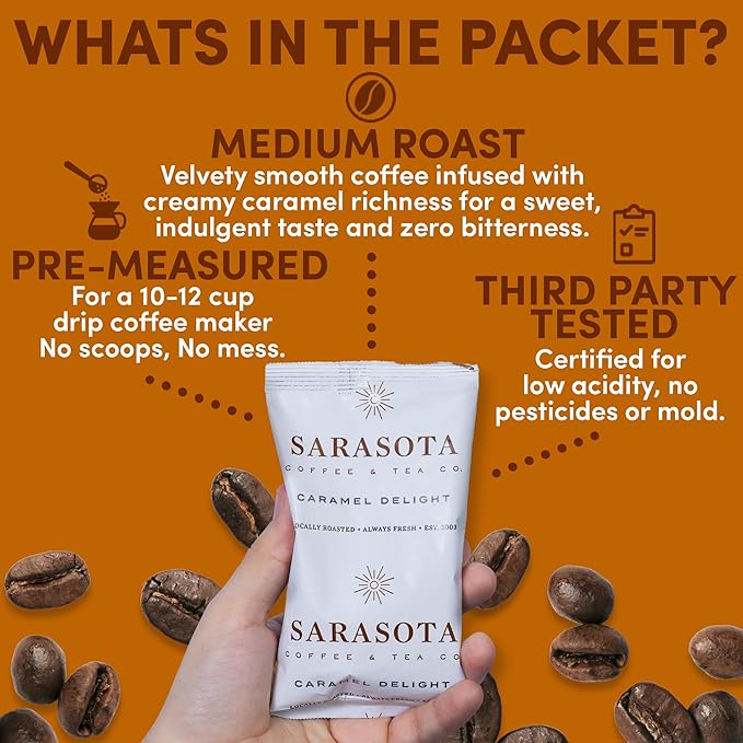 Sarasota Coffee Ground Packets | Gourmet Flavored Medium Roast Bulk Coffee Packs | Salted Caramel | Low Acid Mold Free Singles Individual Pouches for 12 Cups Maker | 2.5 Ounce Bags, 36 Count