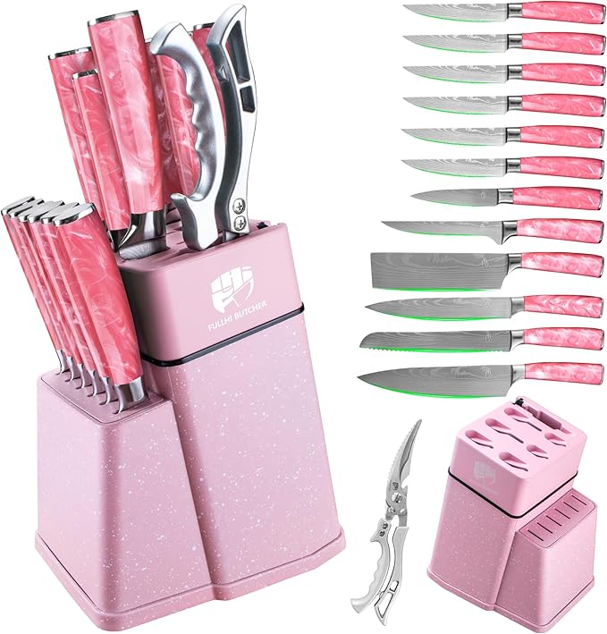 FULLHI 14pcs Block Knife Set, Chef's Knife Steak Knives Set with Block and Sharpener, Kitchen Knife Set, Multi-colour Handle, Gifts for Men Women